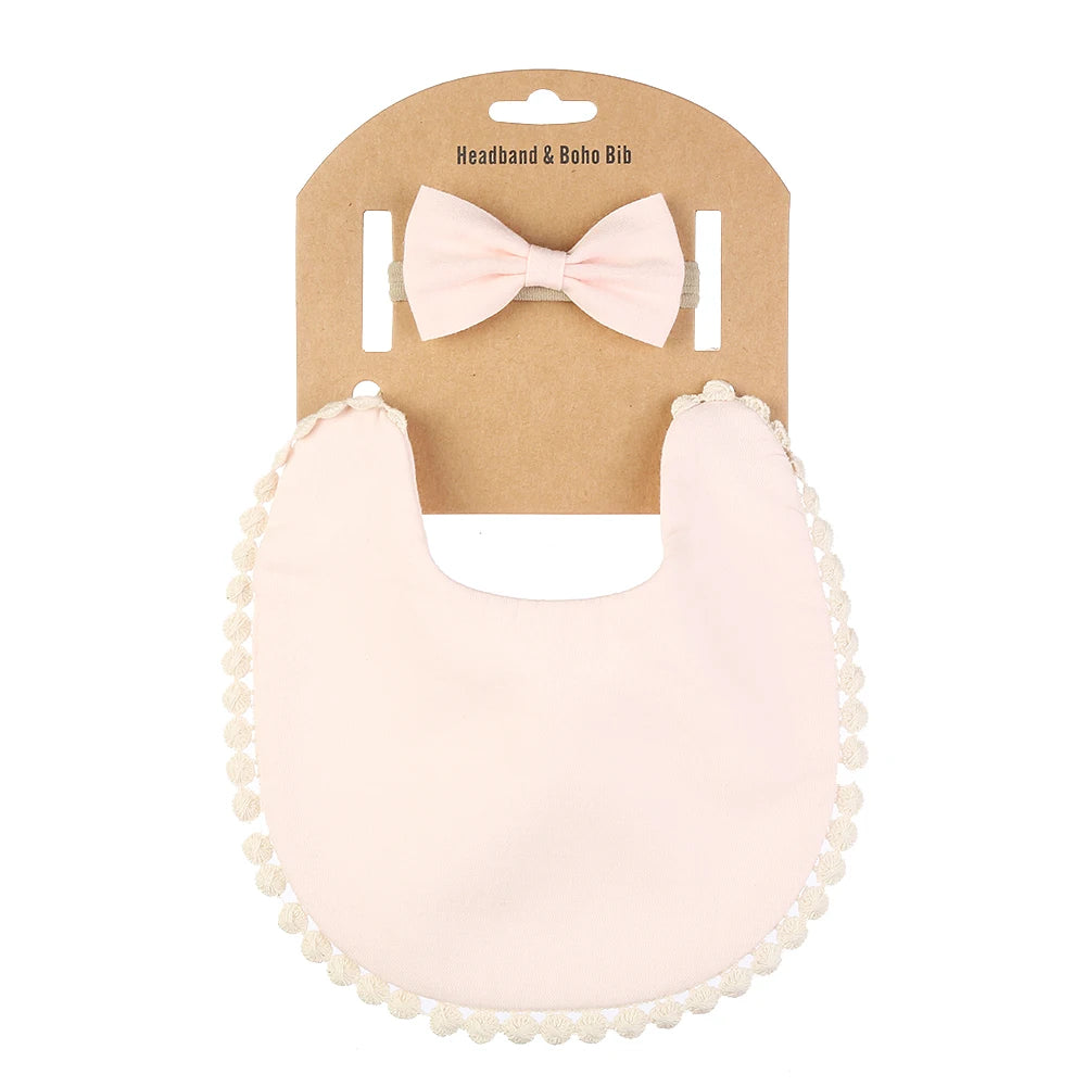 2Pcs/Set Muslin Cotton Baby Boy Girl Bib Bamboo Waterproof Feeding Burp Clothes Bow Hair Nylon Bands Solid Saliva Towel Scarf