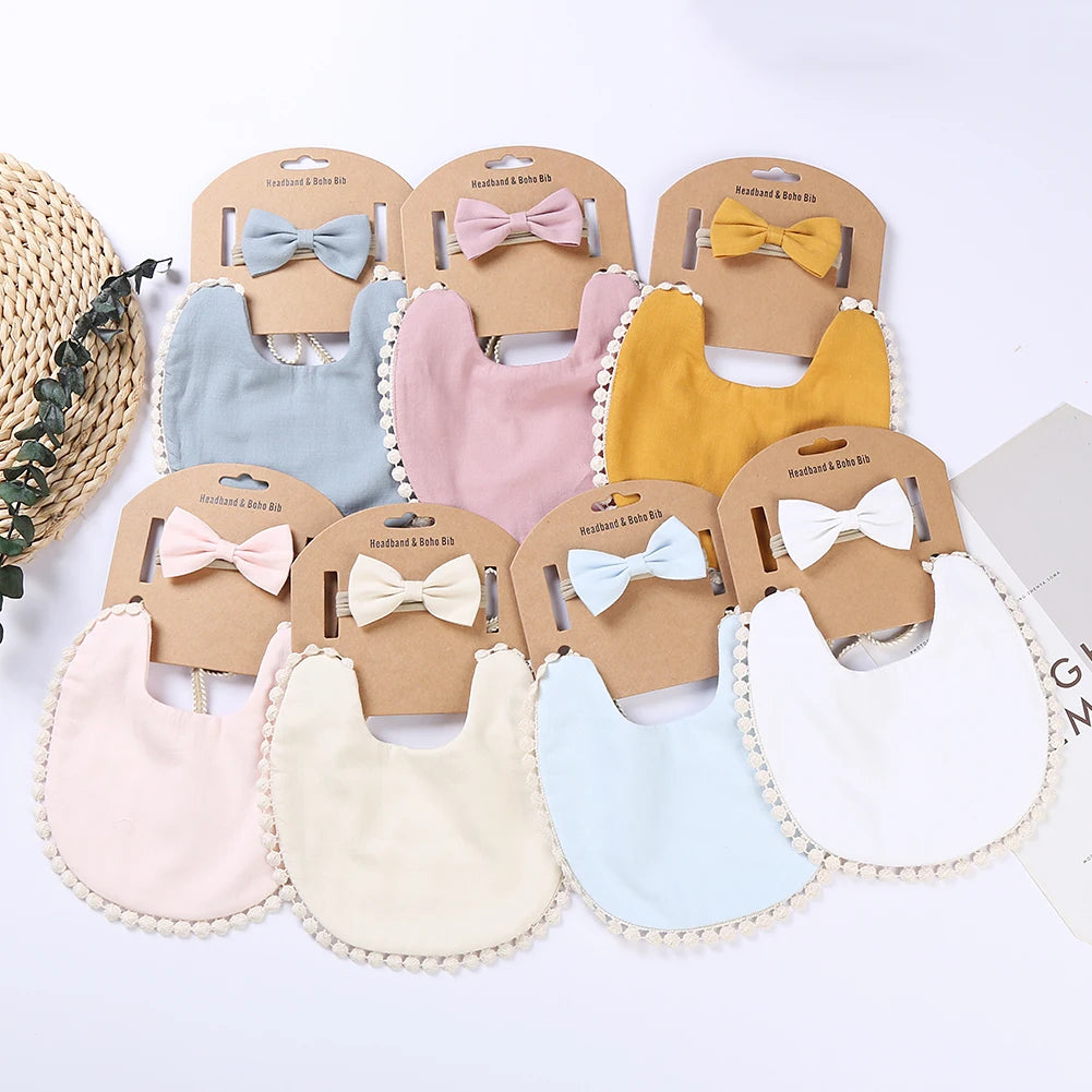 2Pcs/Set Muslin Cotton Baby Boy Girl Bib Bamboo Waterproof Feeding Burp Clothes Bow Hair Nylon Bands Solid Saliva Towel Scarf