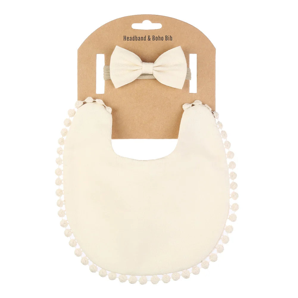 2Pcs/Set Muslin Cotton Baby Boy Girl Bib Bamboo Waterproof Feeding Burp Clothes Bow Hair Nylon Bands Solid Saliva Towel Scarf