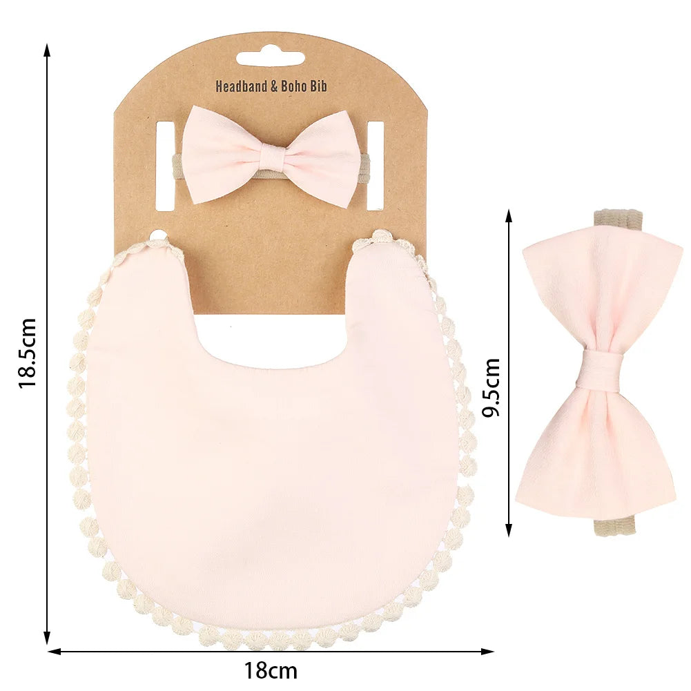 2Pcs/Set Muslin Cotton Baby Boy Girl Bib Bamboo Waterproof Feeding Burp Clothes Bow Hair Nylon Bands Solid Saliva Towel Scarf