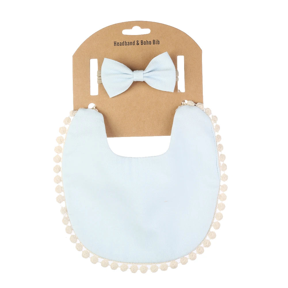 2Pcs/Set Muslin Cotton Baby Boy Girl Bib Bamboo Waterproof Feeding Burp Clothes Bow Hair Nylon Bands Solid Saliva Towel Scarf