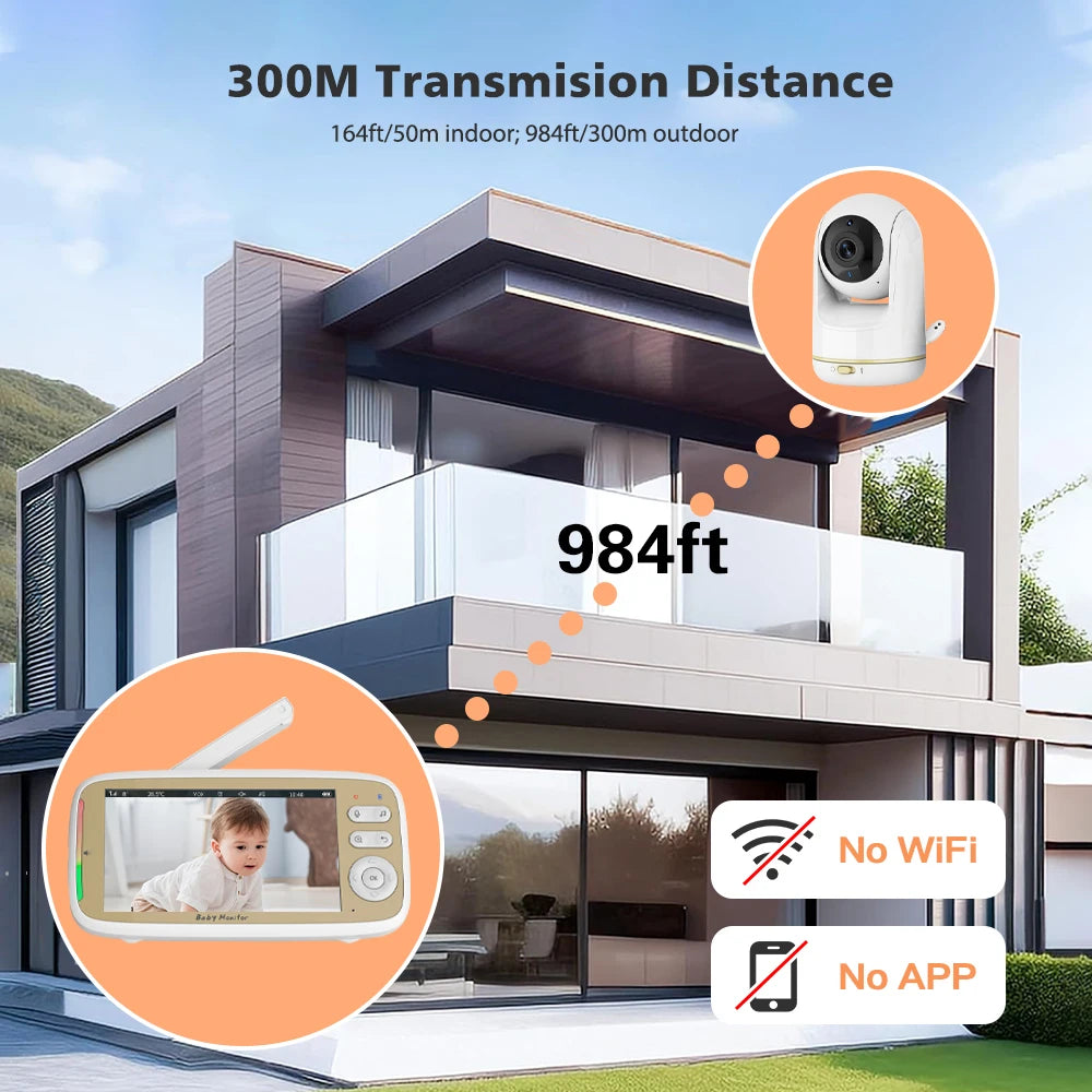 5'' Wireless Baby Monitor Camera 3X Zoom Pan Tilt Video Audio Support Feelbaby Phone APP and LCD Monitor Dual Control BabySitter