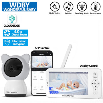 5" Baby Monitor Camera IR Night Vision 360° Rotation with Phone App Motion Monitoring Auto Tracking Bebe Nanny Built in Battery