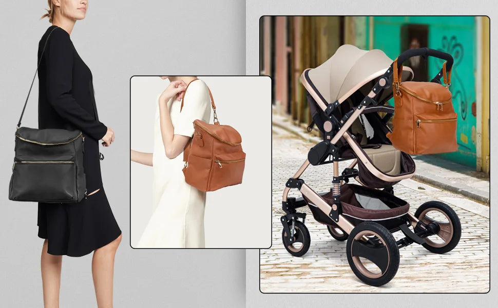 Diaper Bag Backpack Leather Backpack for Women Travel Backpack Baby Bag Large with Troller Straps Capacity for Wet Clothes