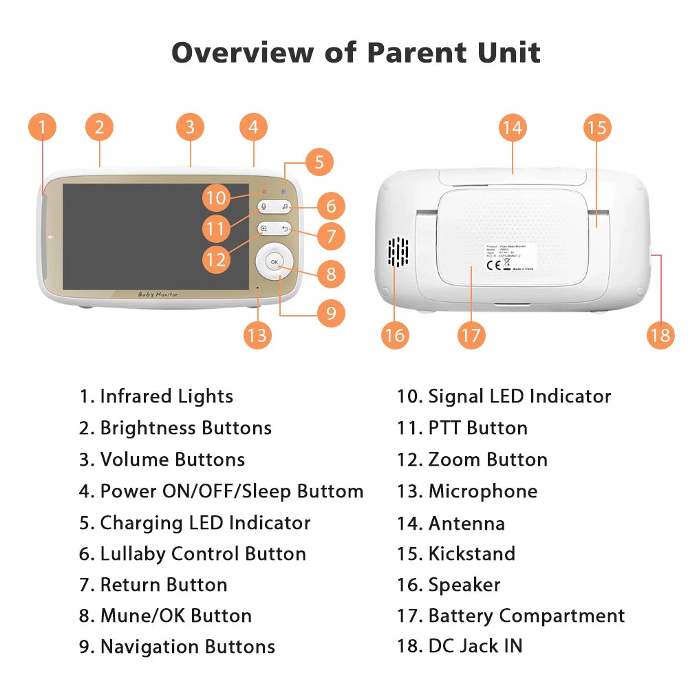 5'' Wireless Baby Monitor Camera 3X Zoom Pan Tilt Video Audio Support Feelbaby Phone APP and LCD Monitor Dual Control BabySitter