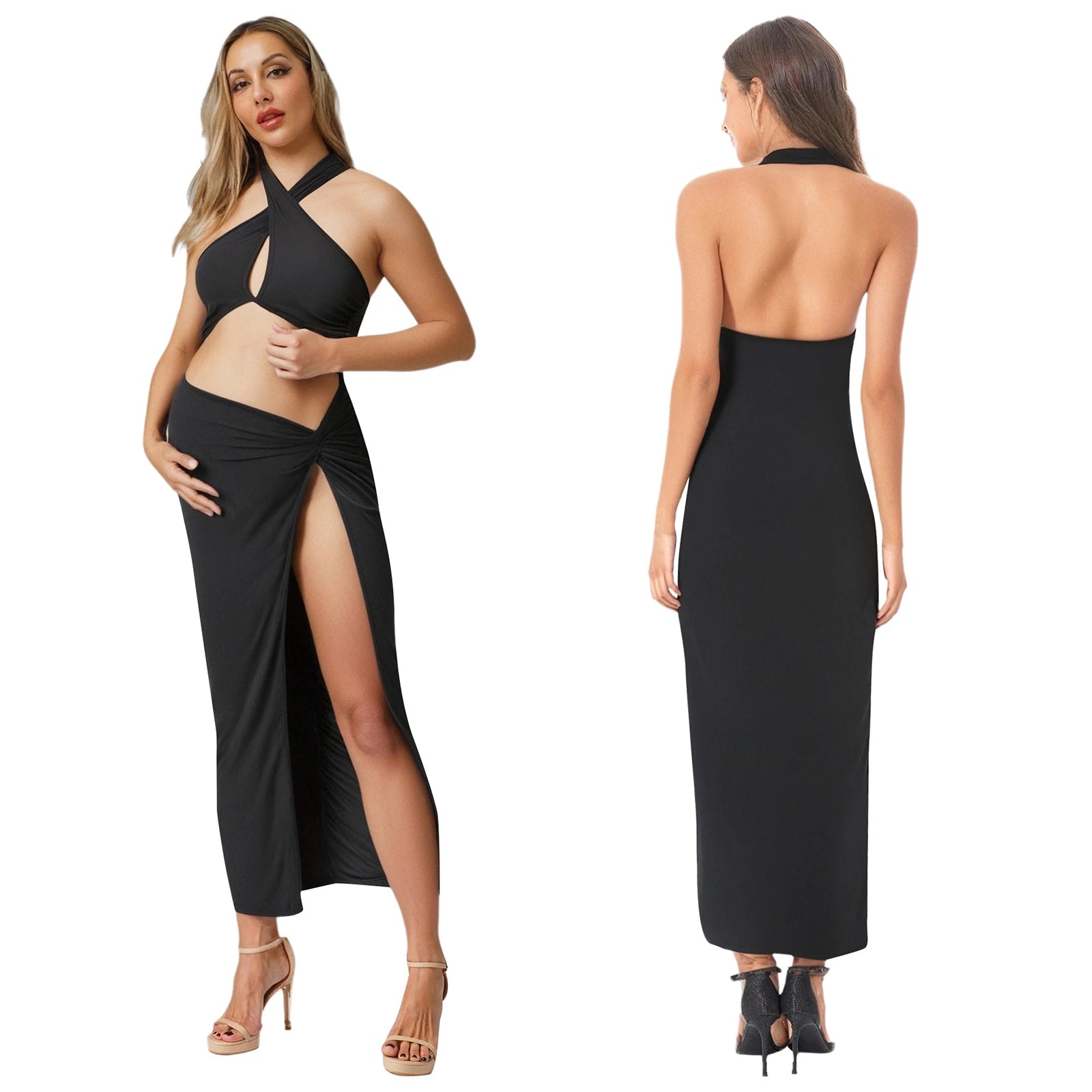 Maternity Photography Dress Halter Sleeveless Cutout Slit Floor-length Pregnant Dresses for Baby Shower Birthday Wedding Party