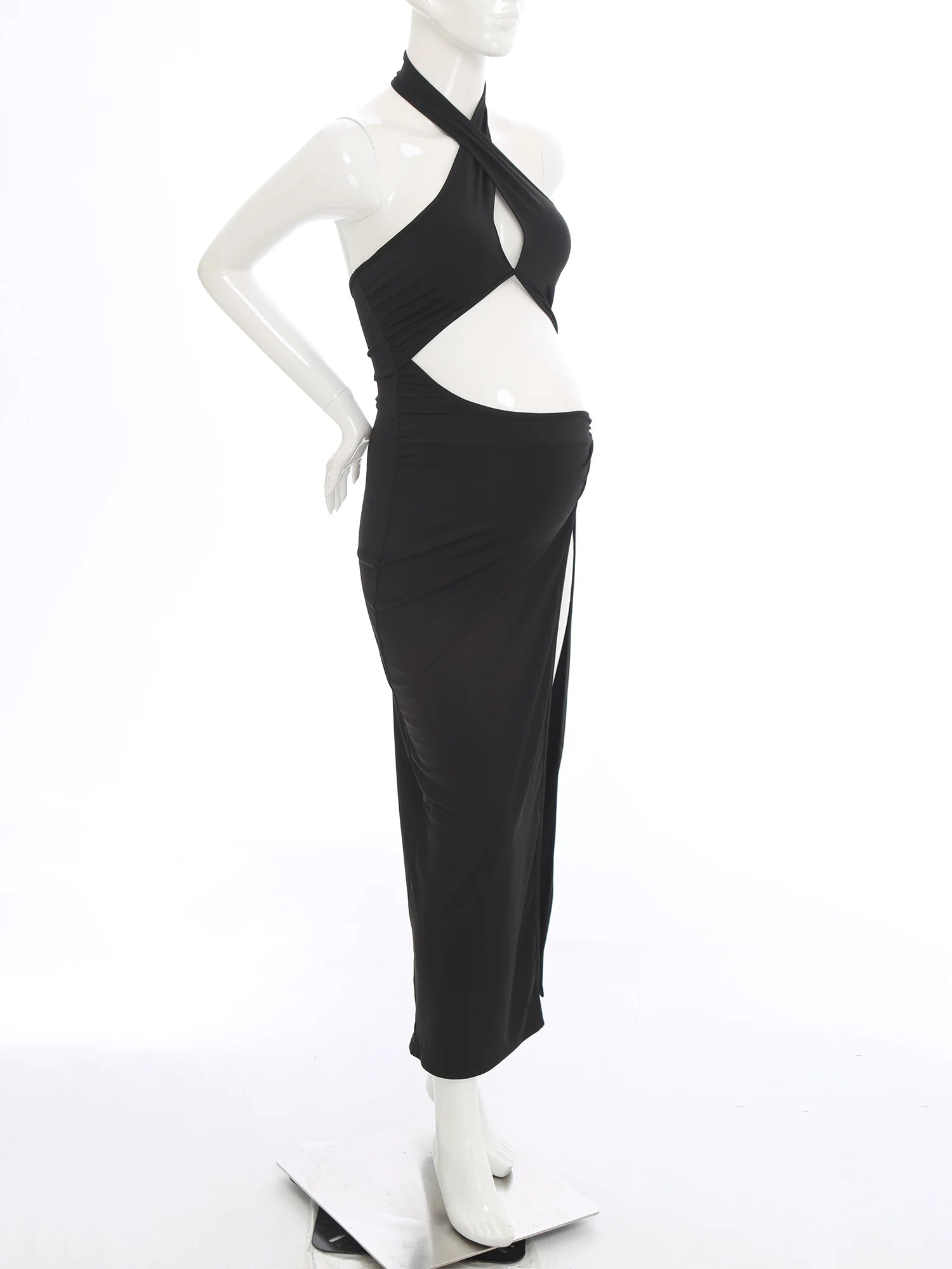 Maternity Photography Dress Halter Sleeveless Cutout Slit Floor-length Pregnant Dresses for Baby Shower Birthday Wedding Party