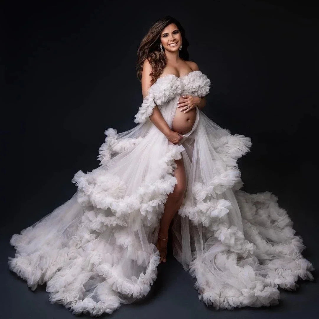 Maternity Dresses for Photoshoot Ruffles Tulle Pregnant Photo Gowns Baby Shower Off Shoulder Front Slit Bridal Sleepwear Robe