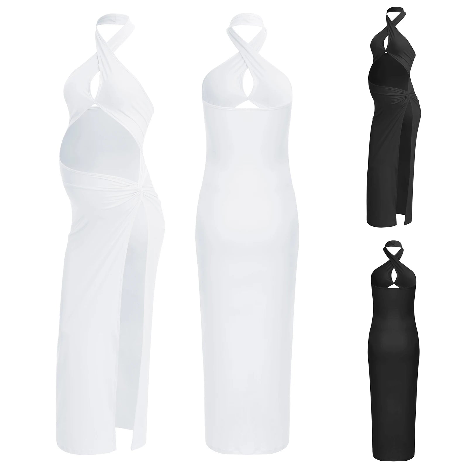 Maternity Photography Dress Halter Sleeveless Cutout Slit Floor-length Pregnant Dresses for Baby Shower Birthday Wedding Party