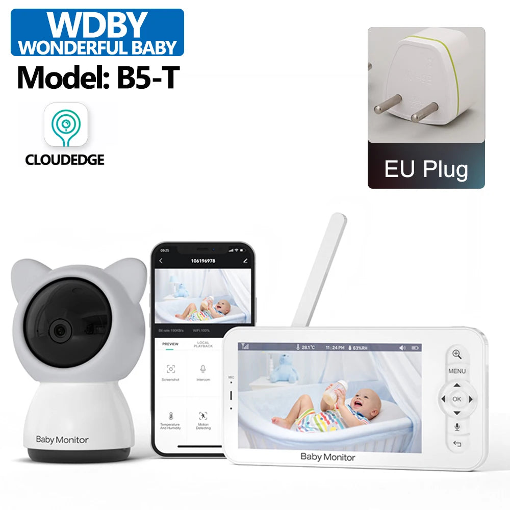 5" Baby Monitor Camera IR Night Vision 360° Rotation with Phone App Motion Monitoring Auto Tracking Bebe Nanny Built in Battery