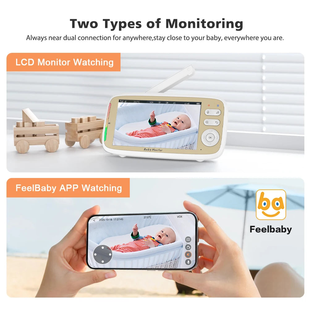 5'' Wireless Baby Monitor Camera 3X Zoom Pan Tilt Video Audio Support Feelbaby Phone APP and LCD Monitor Dual Control BabySitter
