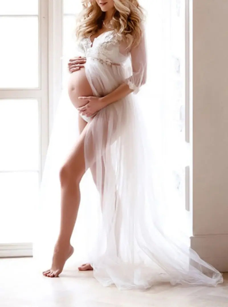 White Photoshoot Dresses  Maternity Women Sexy Tulle V-Neck Split Long Dress For Pregnant Baby Shower Gowns Premama Photo Clothes