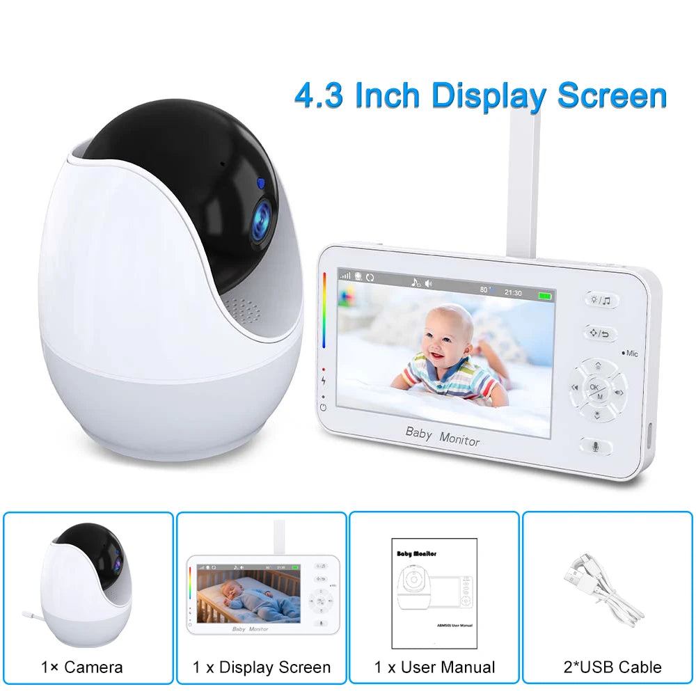 Video Baby Monitor 4.3 Inch Display Screen PTZ IP Camera with Night Light Auto Tracking APP Remote View Control Surveillance