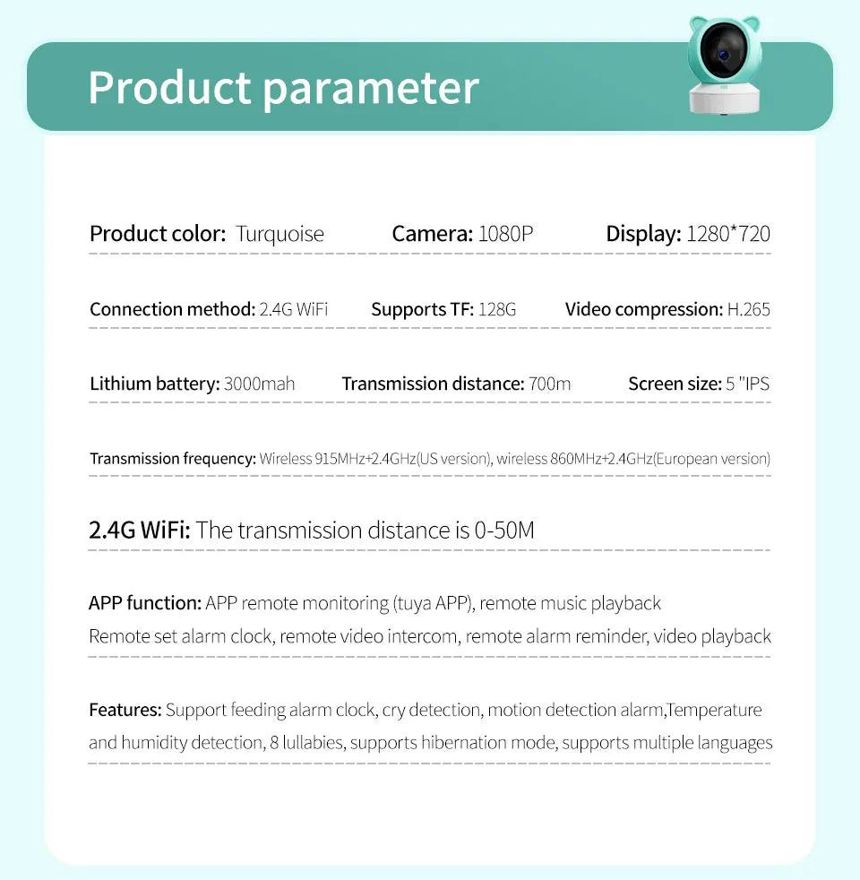 Baby monitor can be connected to mobile phone 5 "Tuya smart WiFi remote video surveillance intercom sound detection camera 1080P