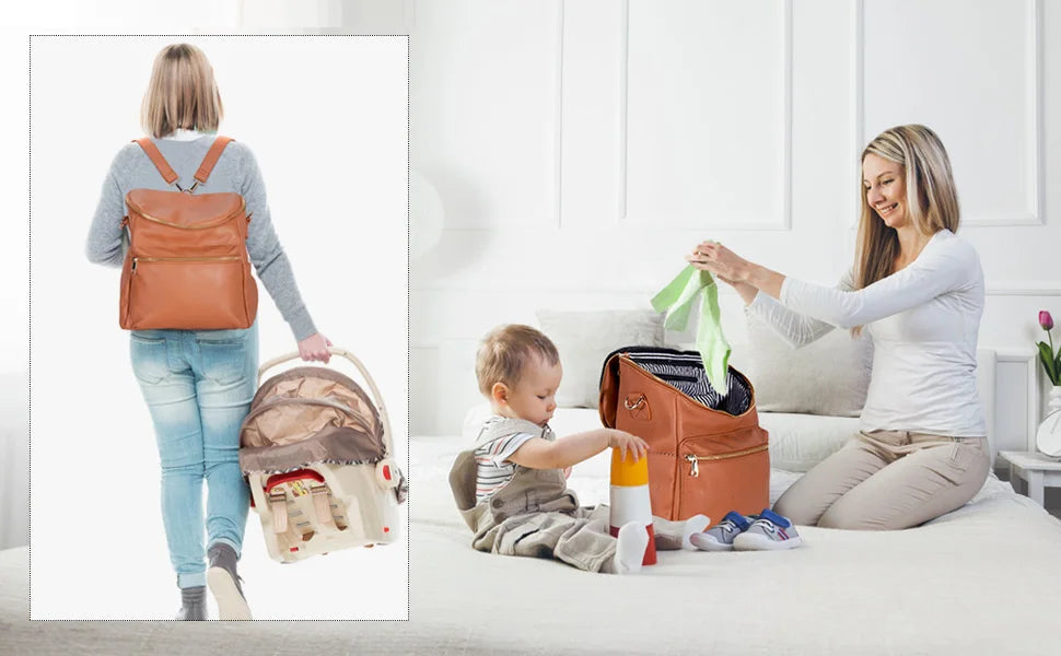 Diaper Bag Backpack Leather Backpack for Women Travel Backpack Baby Bag Large with Troller Straps Capacity for Wet Clothes