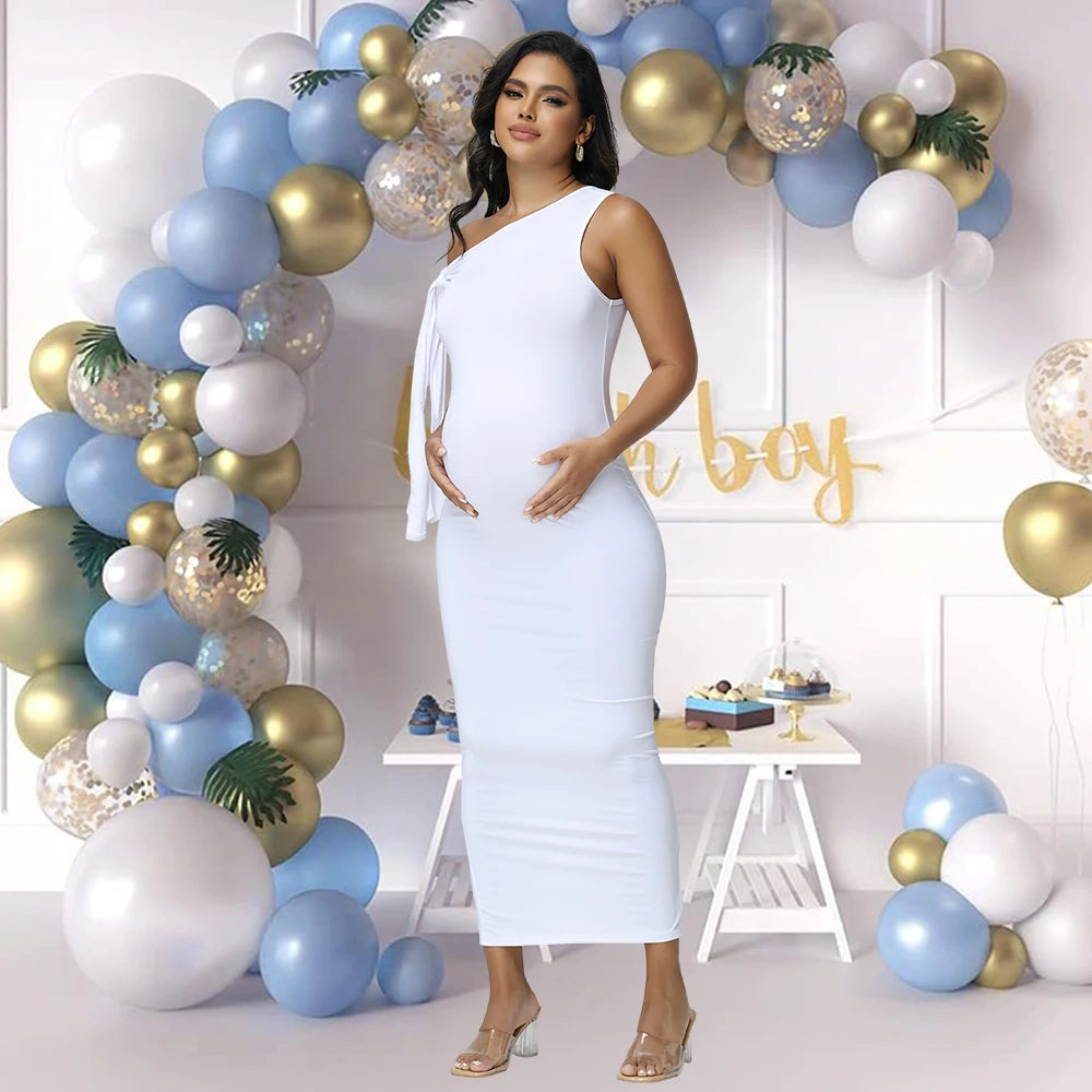 Maternity Summer Dresses Sexy Skew Collar Tie Bodycon Pregnancy Evening Gown for Baby Shower Photoshoot
