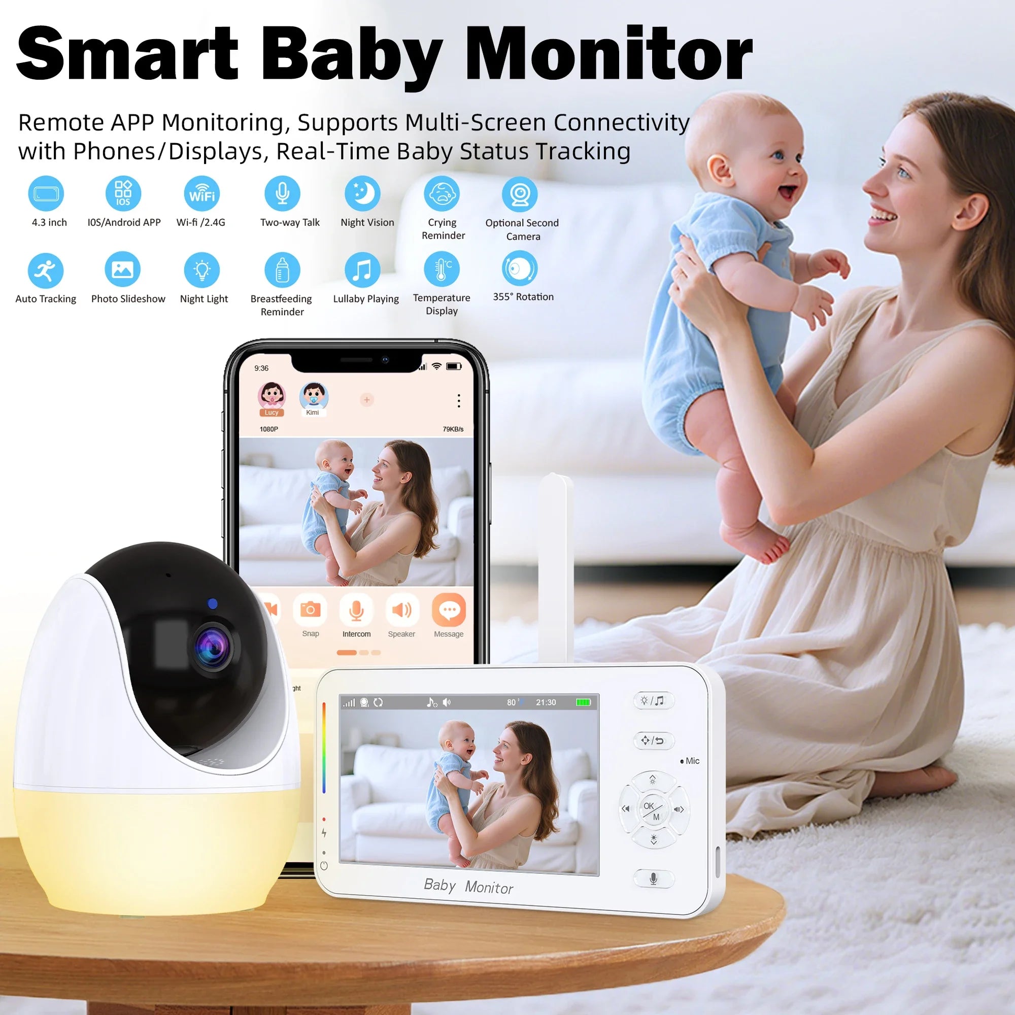 Video Baby Monitor 4.3 Inch Display Screen PTZ IP Camera with Night Light Auto Tracking APP Remote View Control Surveillance