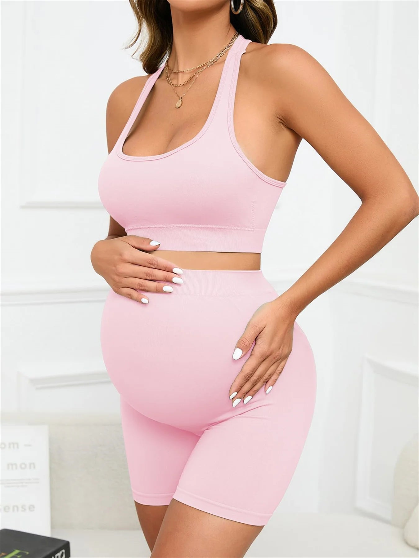 Women's Maternity 2 Piece Outfit Set Bra Shorts for Pregnancy Yoga workout Lounge Wear Sets