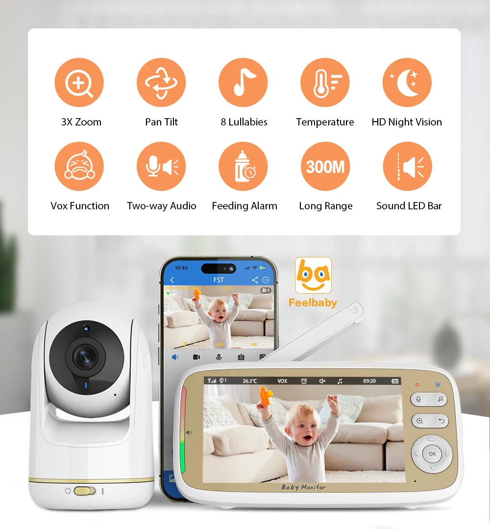 5'' Wireless Baby Monitor Camera 3X Zoom Pan Tilt Video Audio Support Feelbaby Phone APP and LCD Monitor Dual Control BabySitter