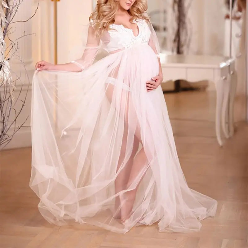 White Photoshoot Dresses  Maternity Women Sexy Tulle V-Neck Split Long Dress For Pregnant Baby Shower Gowns Premama Photo Clothes