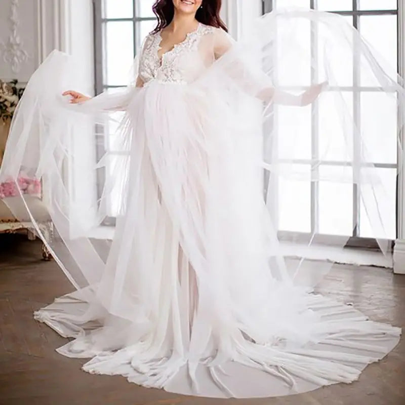 White Photoshoot Dresses  Maternity Women Sexy Tulle V-Neck Split Long Dress For Pregnant Baby Shower Gowns Premama Photo Clothes