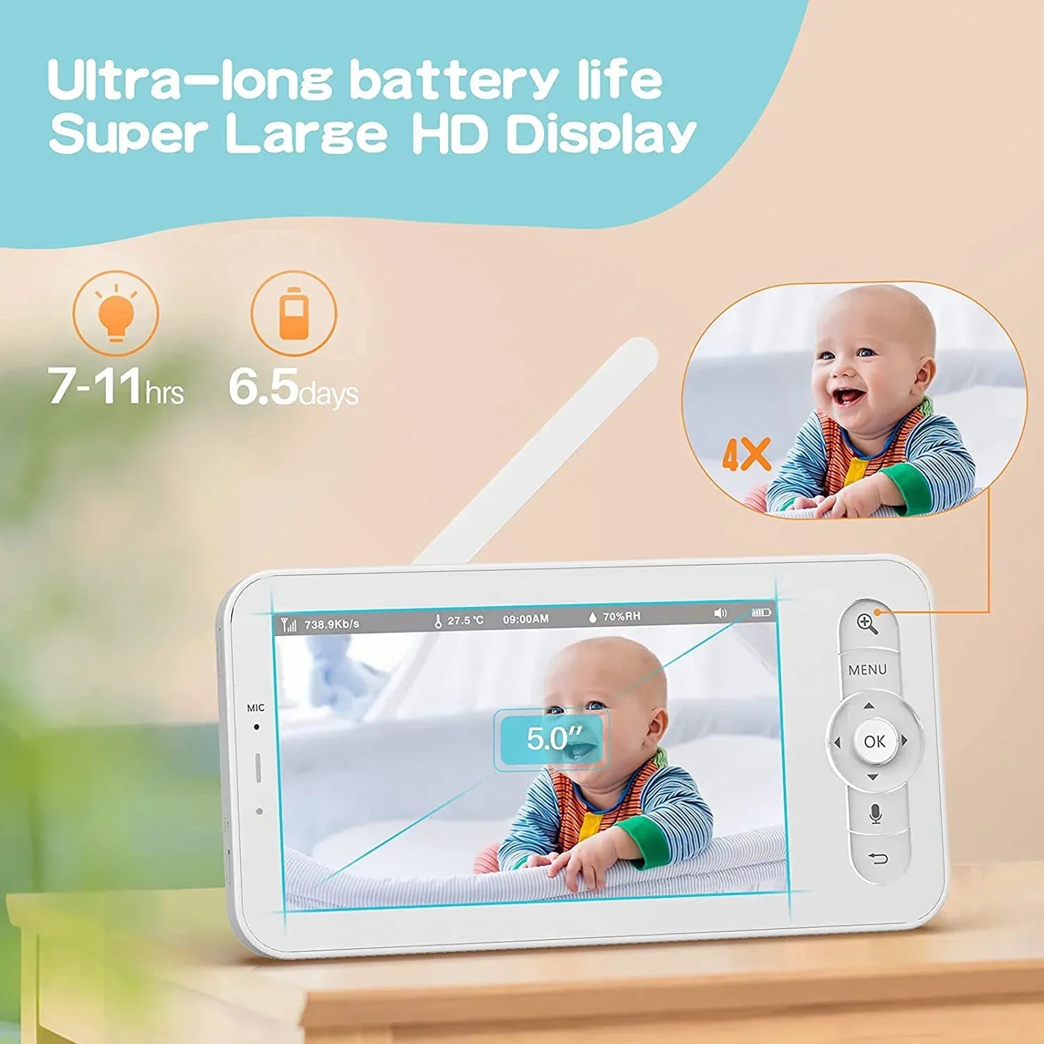5" Baby Monitor Camera IR Night Vision 360° Rotation with Phone App Motion Monitoring Auto Tracking Bebe Nanny Built in Battery