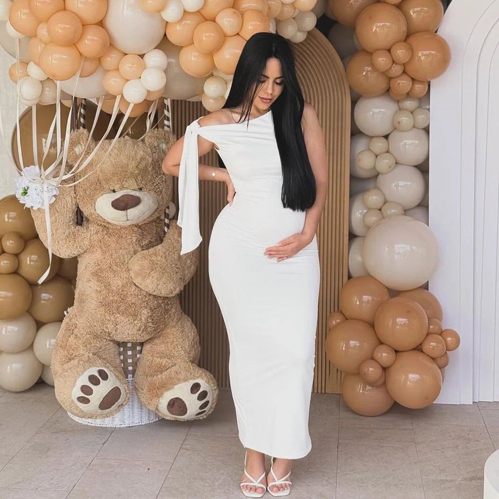 Maternity Summer Dresses Sexy Skew Collar Tie Bodycon Pregnancy Evening Gown for Baby Shower Photoshoot