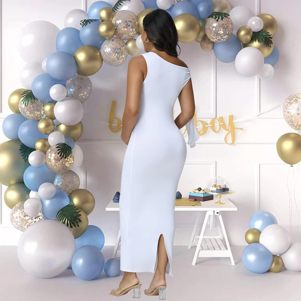 Maternity Summer Dresses Sexy Skew Collar Tie Bodycon Pregnancy Evening Gown for Baby Shower Photoshoot