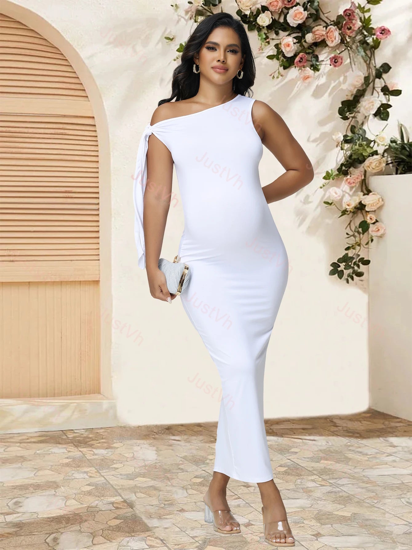Maternity Summer Dresses Sexy Skew Collar Tie Bodycon Pregnancy Evening Gown for Baby Shower Photoshoot