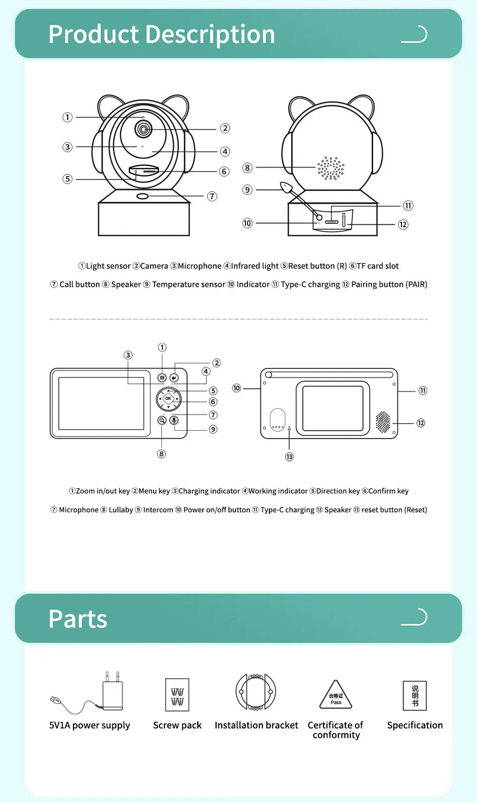 Baby monitor can be connected to mobile phone 5 "Tuya smart WiFi remote video surveillance intercom sound detection camera 1080P