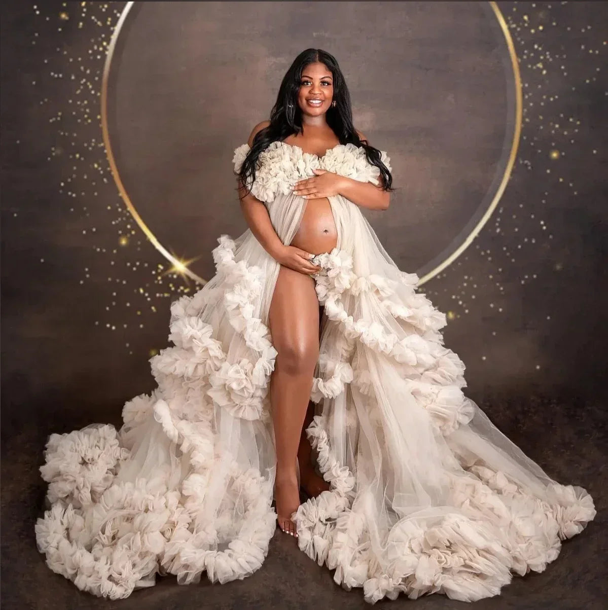 Maternity Dresses for Photoshoot Ruffles Tulle Pregnant Photo Gowns Baby Shower Off Shoulder Front Slit Bridal Sleepwear Robe