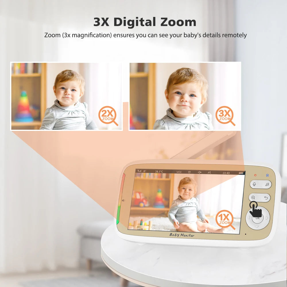 5'' Wireless Baby Monitor Camera 3X Zoom Pan Tilt Video Audio Support Feelbaby Phone APP and LCD Monitor Dual Control BabySitter