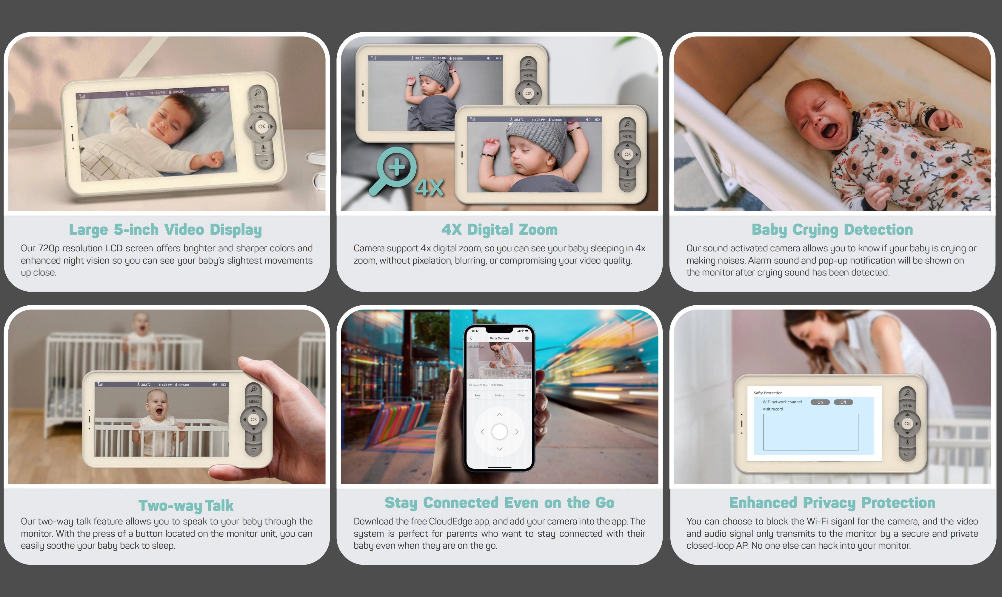 5" Baby Monitor Camera IR Night Vision 360° Rotation with Phone App Motion Monitoring Auto Tracking Bebe Nanny Built in Battery