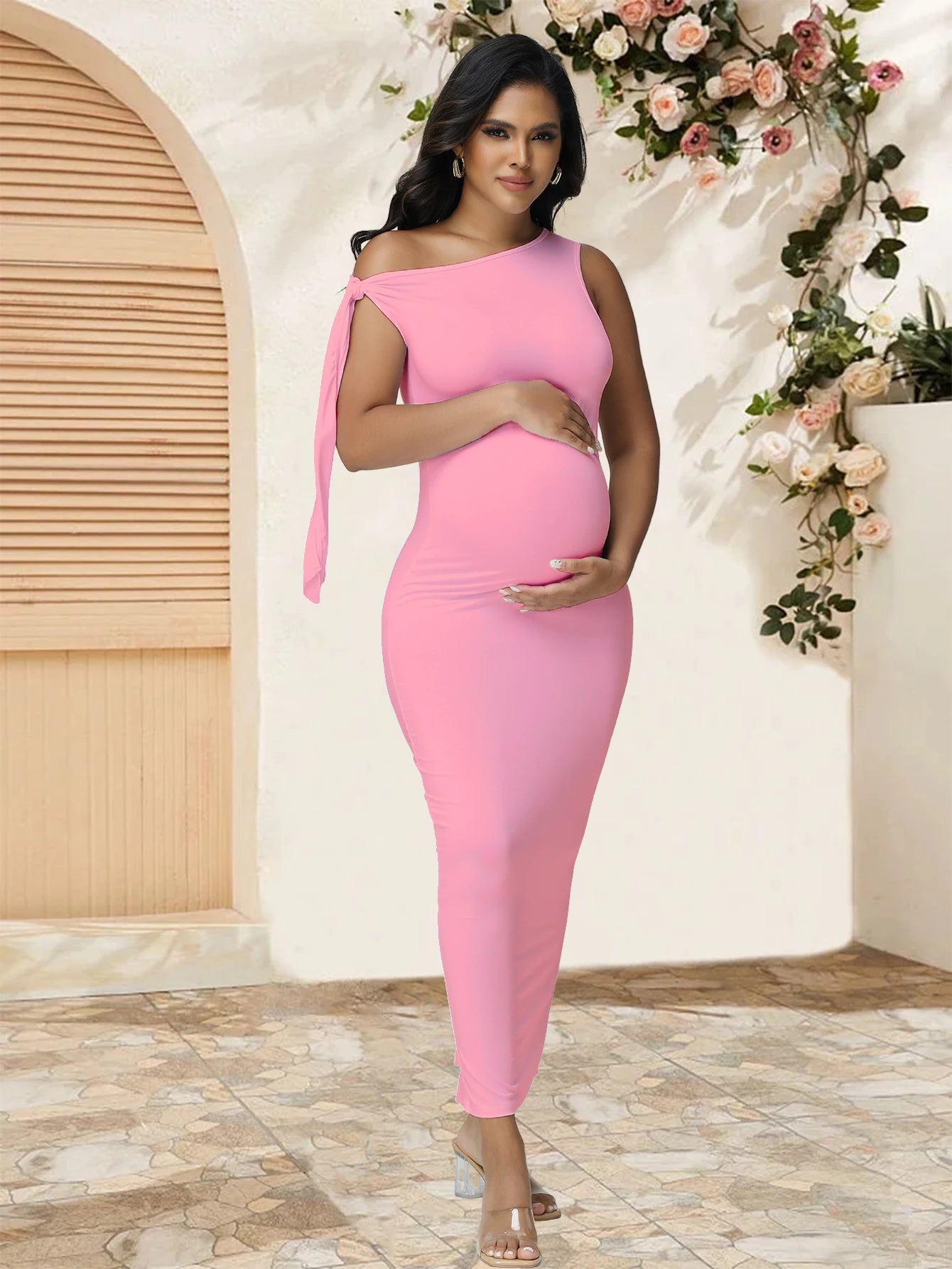 Maternity Summer Dresses Sexy Skew Collar Tie Bodycon Pregnancy Evening Gown for Baby Shower Photoshoot